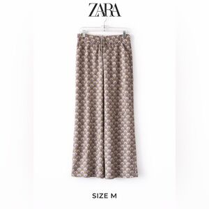 ZARA Art Deco Print Wide Leg Pants Purple Olive Made in Morocco Sz M